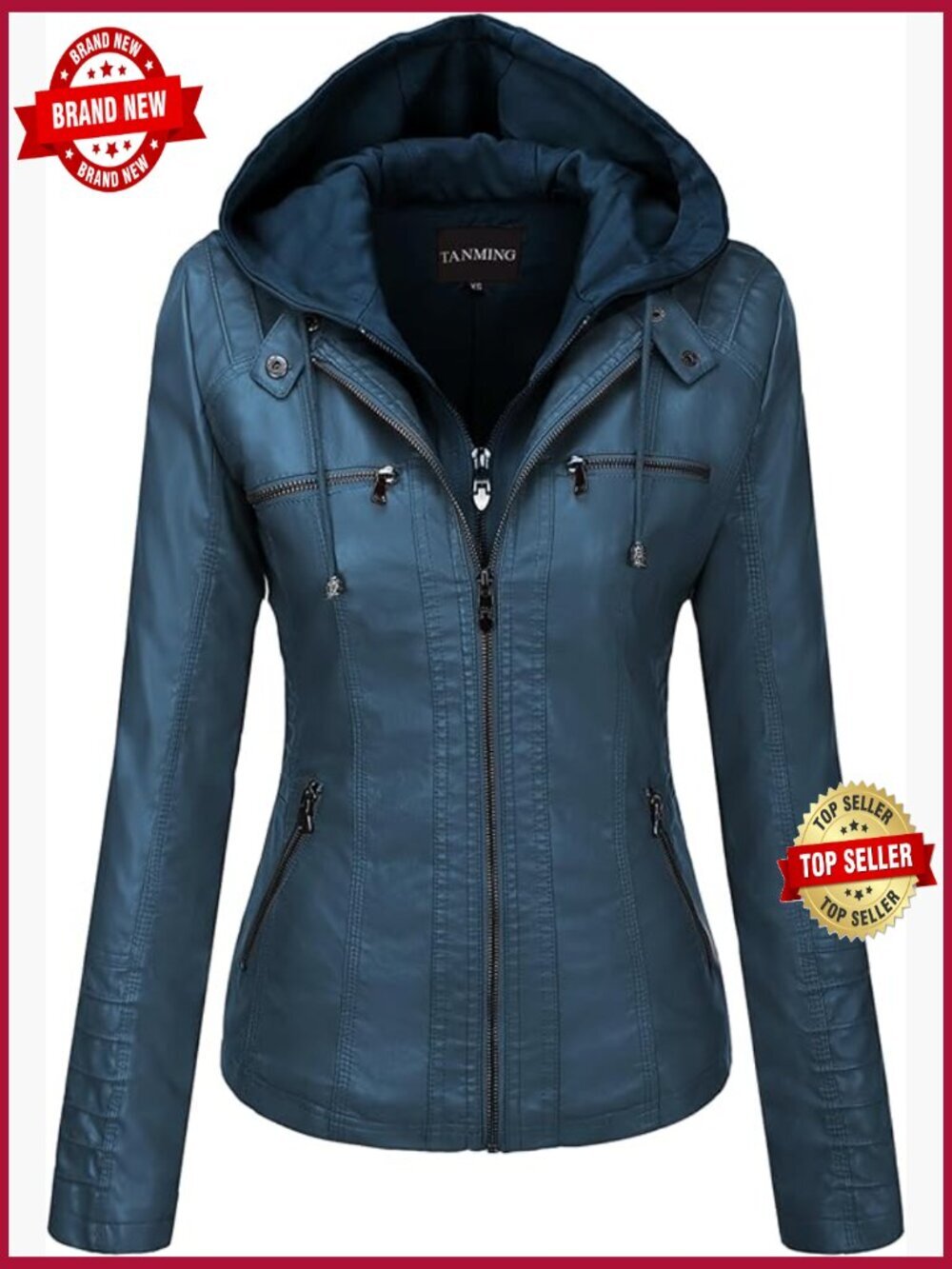 Women's Faux Leather Moto Jacket with Detachable Hood